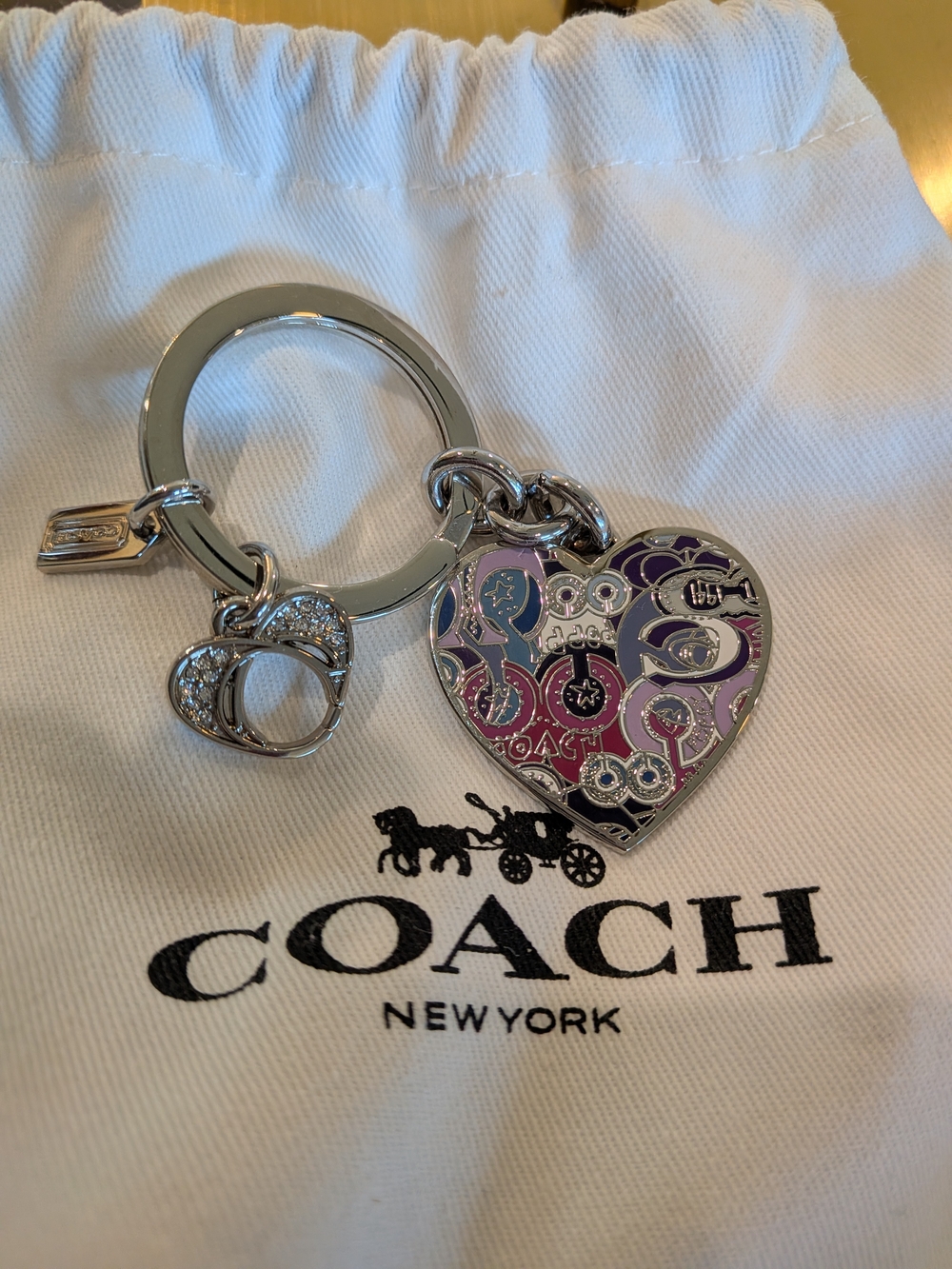 Coach Silver-Tone Heart Keyring with Purple and Pink Enamel